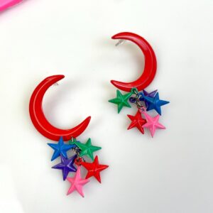 AMAZING! 1980S-90S COLORFUL MOON & HANGING STARS POST EARRINGS in RED, PINK, GREEN, BLUE