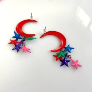 AMAZING! 1980S-90S COLORFUL MOON & HANGING STARS POST EARRINGS in RED, PINK, GREEN, BLUE
