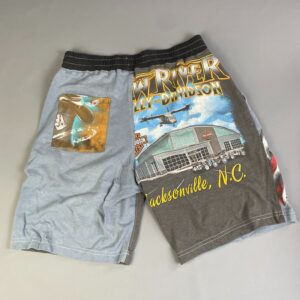 HARLEY DAVIDSON COOL! CUSTOM REWORKED VINTAGE HARLEY TEE PATCHWORK SHORTS in BLACK, GREY
