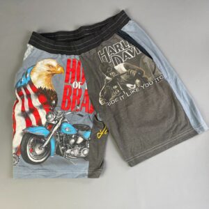 HARLEY DAVIDSON COOL! CUSTOM REWORKED VINTAGE HARLEY TEE PATCHWORK SHORTS in BLACK, GREY