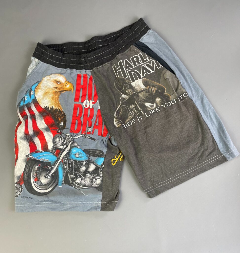 COOL! CUSTOM REWORKED VINTAGE HARLEY TEE PATCHWORK SHORTS