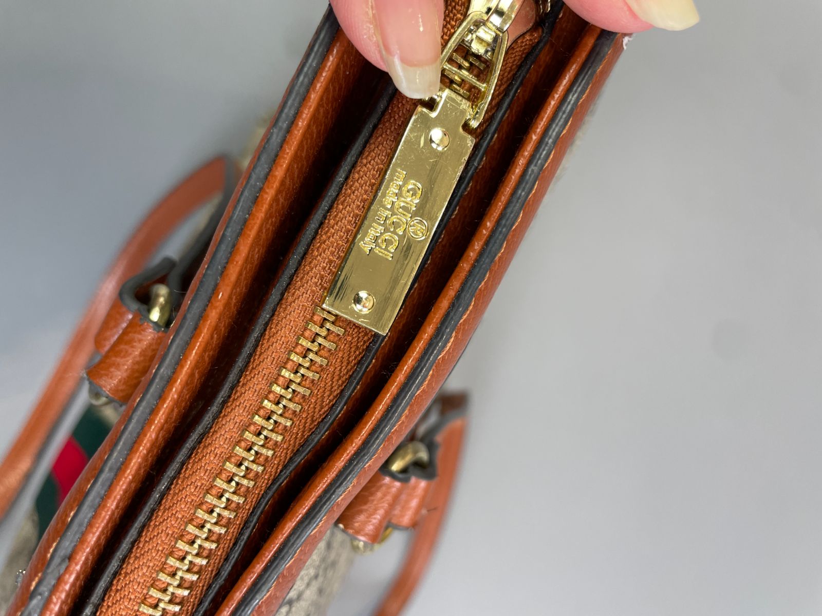 GUCCI *AS-IS* LARGE GG MONOGRAM DOUBLE STRAP TOTE STYLE SHOULDER BAG, PEBBLED LEATHER TRIM, RIBBON FRONT in BROWN, WHITE, GREEN, RED