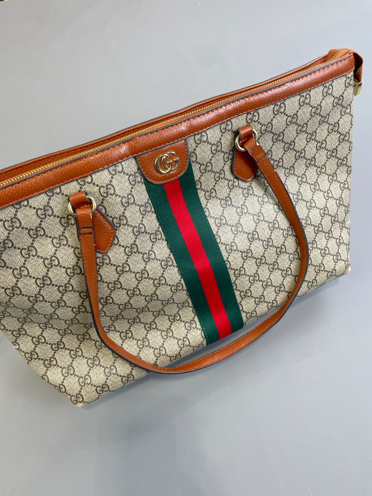 GUCCI *AS-IS* LARGE GG MONOGRAM DOUBLE STRAP TOTE STYLE SHOULDER BAG, PEBBLED LEATHER TRIM, RIBBON FRONT in BROWN, WHITE, GREEN, RED