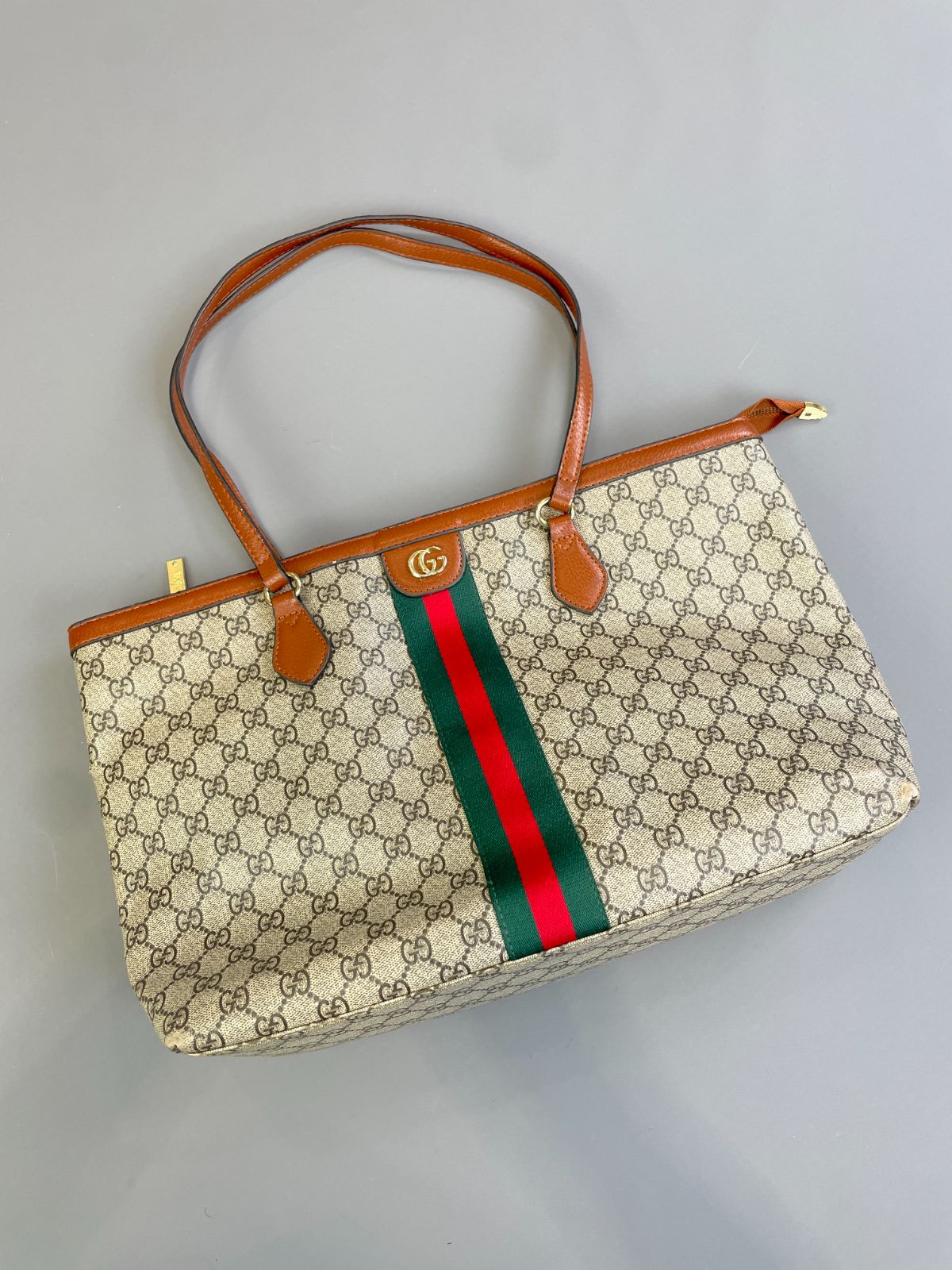 GUCCI *AS-IS* LARGE GG MONOGRAM DOUBLE STRAP TOTE STYLE SHOULDER BAG, PEBBLED LEATHER TRIM, RIBBON FRONT in BROWN, WHITE, GREEN, RED