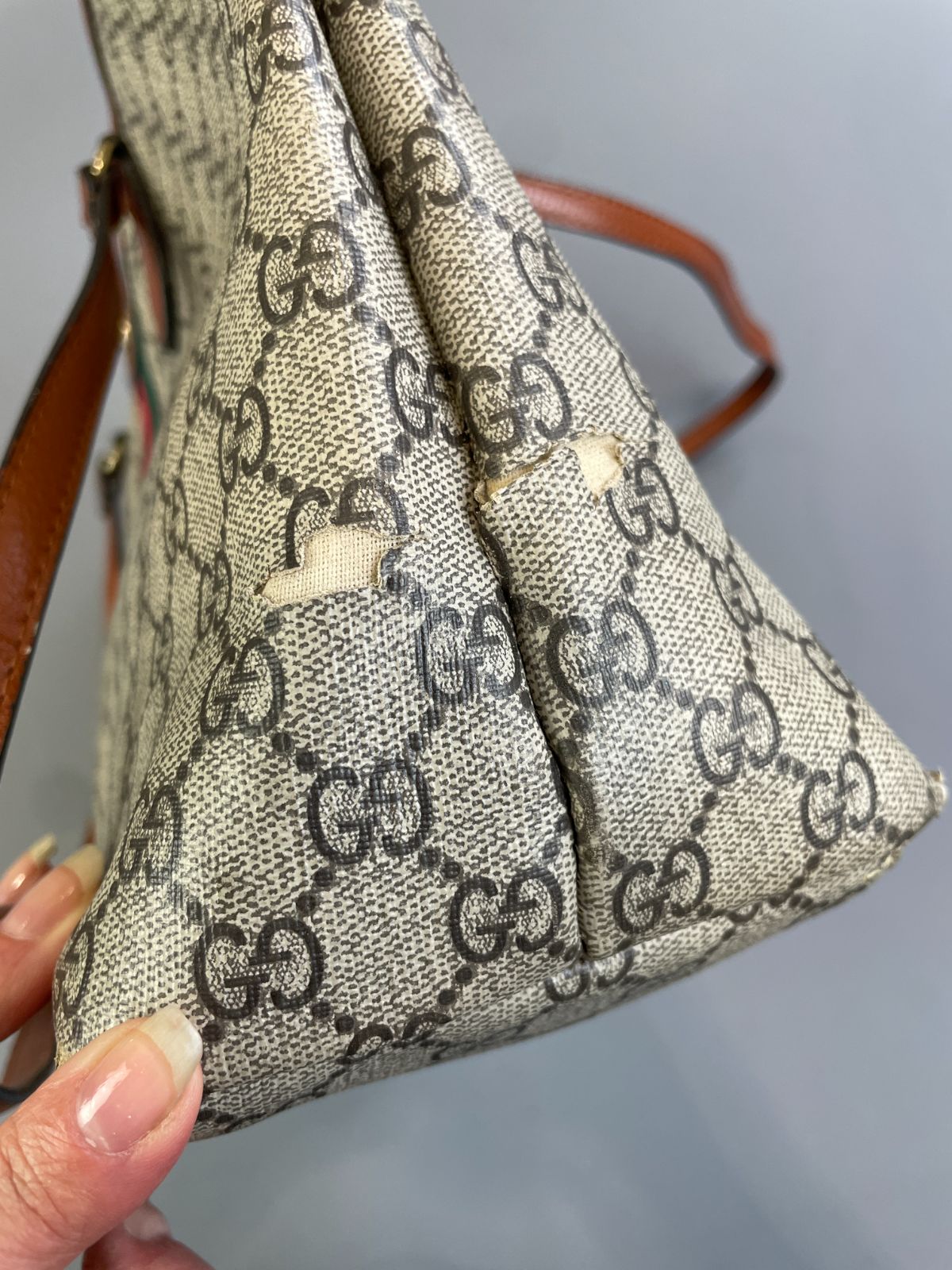 GUCCI *AS-IS* LARGE GG MONOGRAM DOUBLE STRAP TOTE STYLE SHOULDER BAG, PEBBLED LEATHER TRIM, RIBBON FRONT in BROWN, WHITE, GREEN, RED