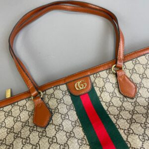 GUCCI *AS-IS* LARGE GG MONOGRAM DOUBLE STRAP TOTE STYLE SHOULDER BAG, PEBBLED LEATHER TRIM, RIBBON FRONT in BROWN, WHITE, GREEN, RED