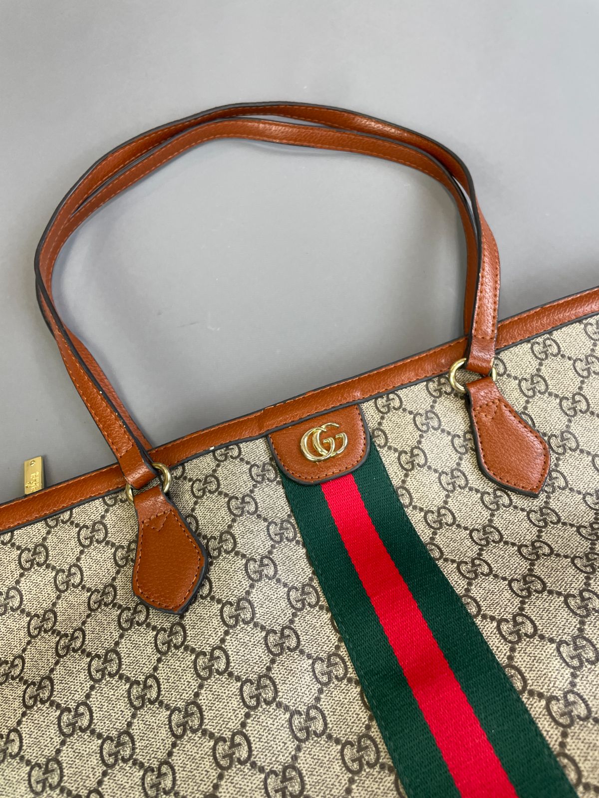 GUCCI *AS-IS* LARGE GG MONOGRAM DOUBLE STRAP TOTE STYLE SHOULDER BAG, PEBBLED LEATHER TRIM, RIBBON FRONT in BROWN, WHITE, GREEN, RED