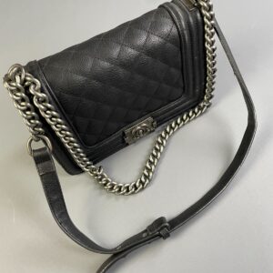 CHANEL SINGLE FLAP, FAUX QUILTED CAVIAR LEATHER CHANEL BAG, DOUBLE CHAIN & LEATHER SHOULDER STRAP in BLACK