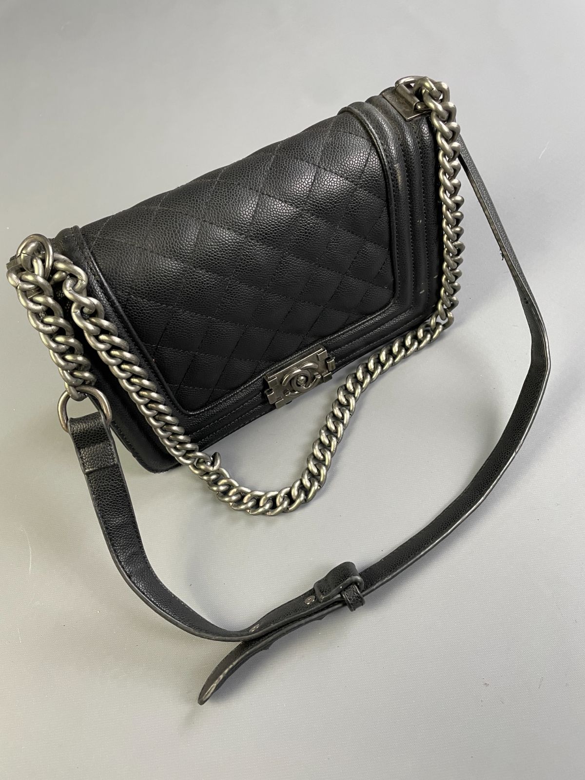 CHANEL SINGLE FLAP, FAUX QUILTED CAVIAR LEATHER CHANEL BAG, DOUBLE CHAIN & LEATHER SHOULDER STRAP in BLACK