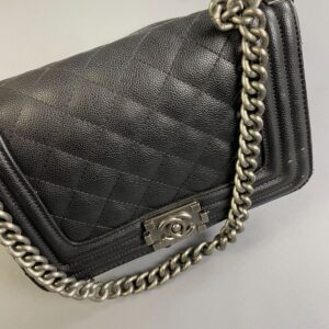 CHANEL SINGLE FLAP, FAUX QUILTED CAVIAR LEATHER CHANEL BAG, DOUBLE CHAIN & LEATHER SHOULDER STRAP in BLACK