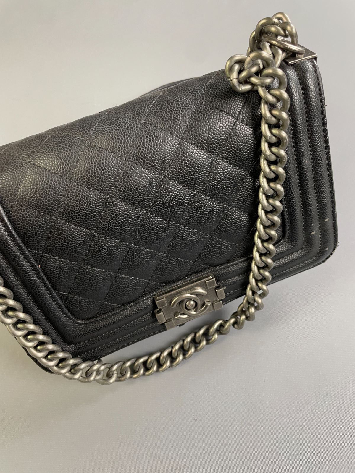 CHANEL SINGLE FLAP, FAUX QUILTED CAVIAR LEATHER CHANEL BAG, DOUBLE CHAIN & LEATHER SHOULDER STRAP in BLACK