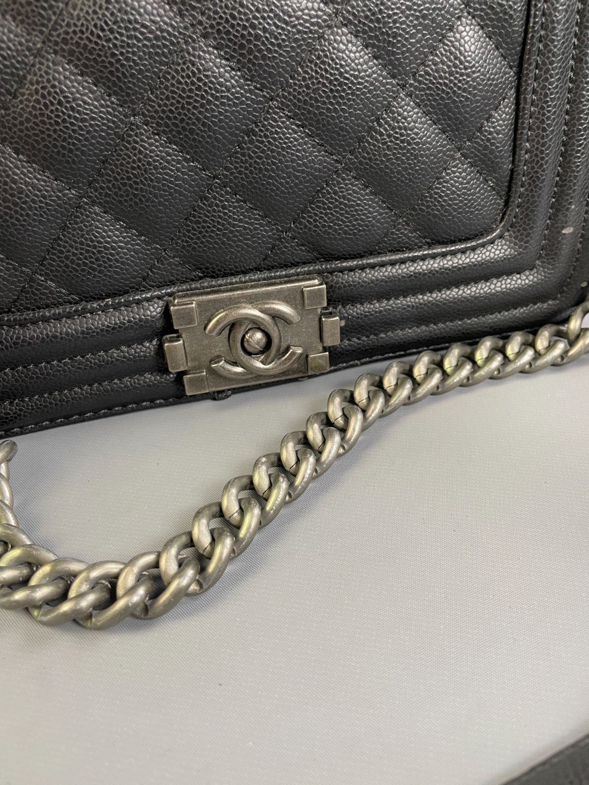 CHANEL SINGLE FLAP, FAUX QUILTED CAVIAR LEATHER CHANEL BAG, DOUBLE CHAIN & LEATHER SHOULDER STRAP in BLACK