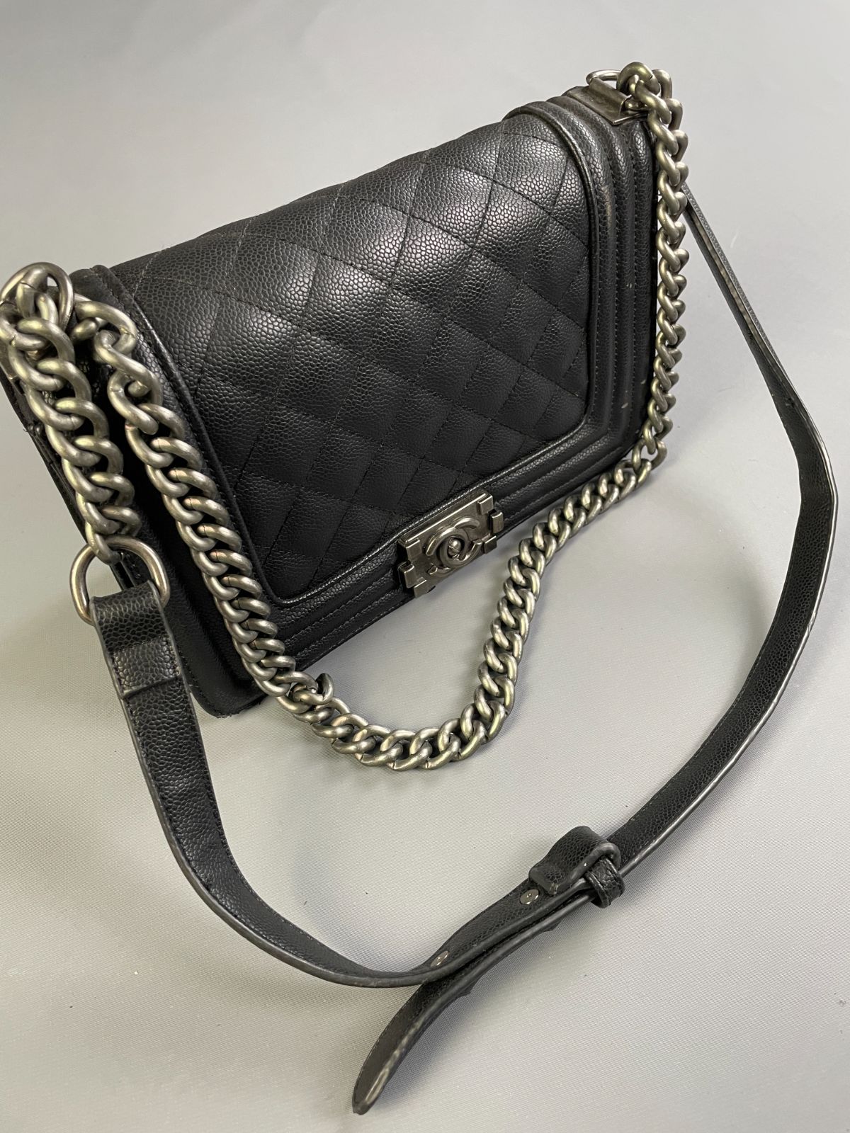 CHANEL SINGLE FLAP, FAUX QUILTED CAVIAR LEATHER CHANEL BAG, DOUBLE CHAIN & LEATHER SHOULDER STRAP in BLACK