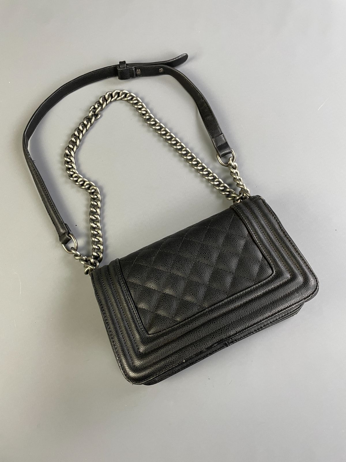 CHANEL SINGLE FLAP, FAUX QUILTED CAVIAR LEATHER CHANEL BAG, DOUBLE CHAIN & LEATHER SHOULDER STRAP in BLACK