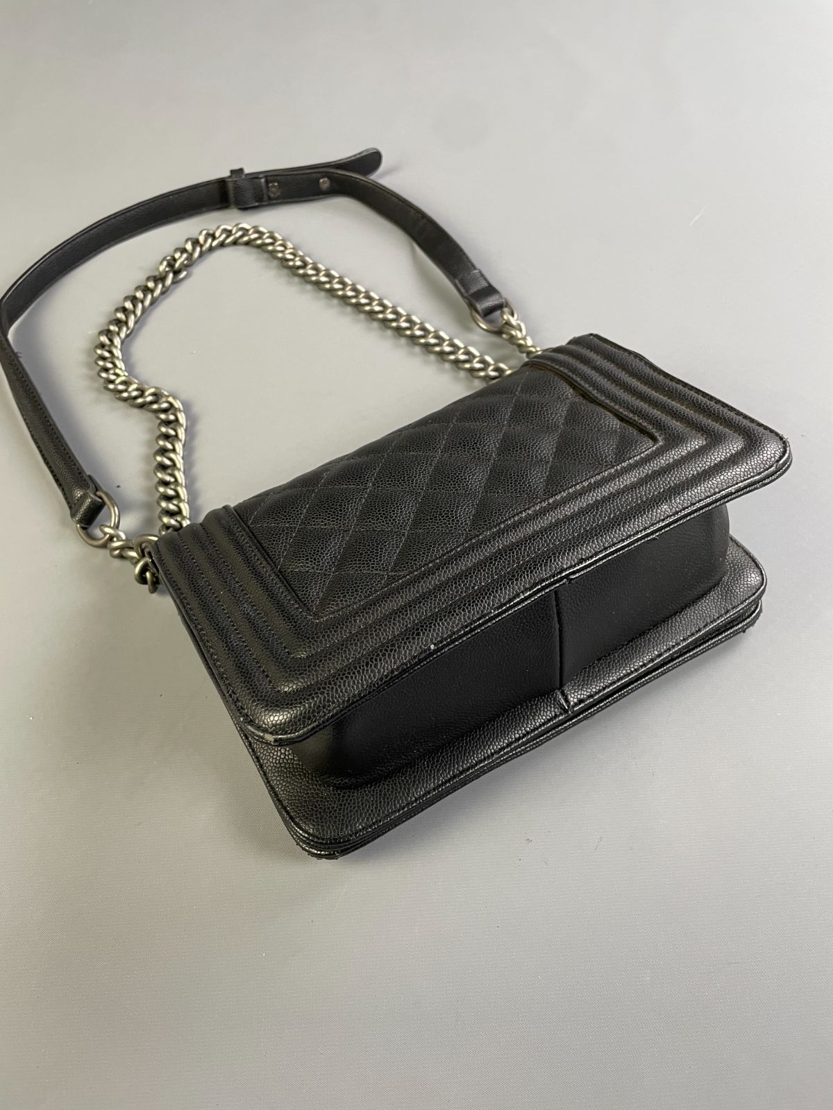 CHANEL SINGLE FLAP, FAUX QUILTED CAVIAR LEATHER CHANEL BAG, DOUBLE CHAIN & LEATHER SHOULDER STRAP in BLACK