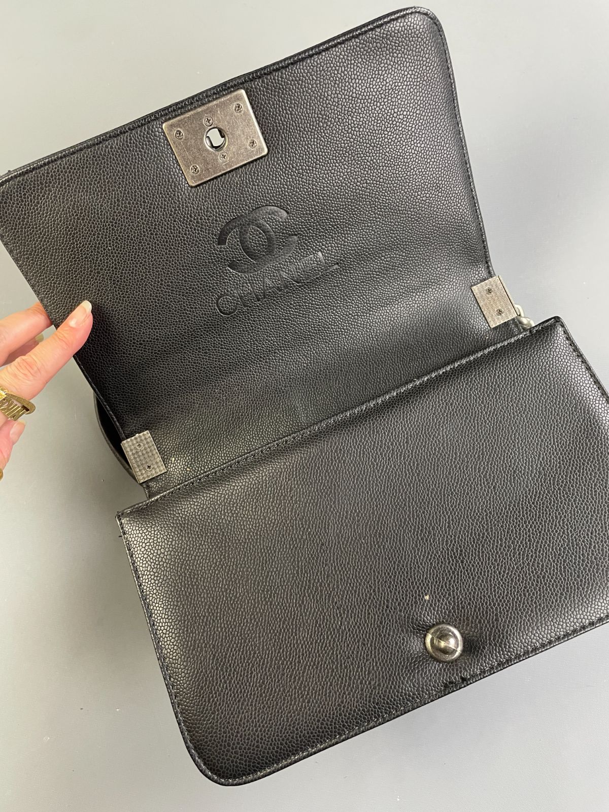 CHANEL SINGLE FLAP, FAUX QUILTED CAVIAR LEATHER CHANEL BAG, DOUBLE CHAIN & LEATHER SHOULDER STRAP in BLACK