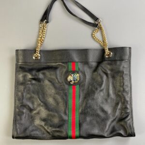 GUCCI GORGEOUS! GUCCI RAJAH SUPPLE LEATHER SHOPPER TOTE BAG DOUBLE CHAIN STRAP, HEAVY ENAMELED TIGER MOTIF in BLACK