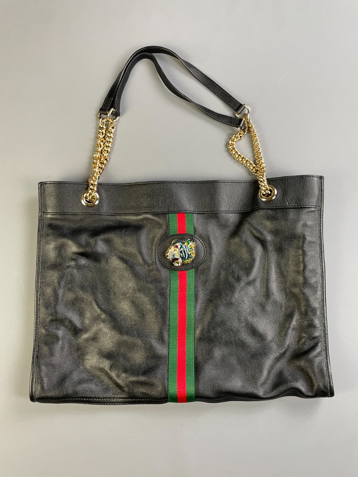 GUCCI GORGEOUS! GUCCI RAJAH SUPPLE LEATHER SHOPPER TOTE BAG DOUBLE CHAIN STRAP, HEAVY ENAMELED TIGER MOTIF in BLACK