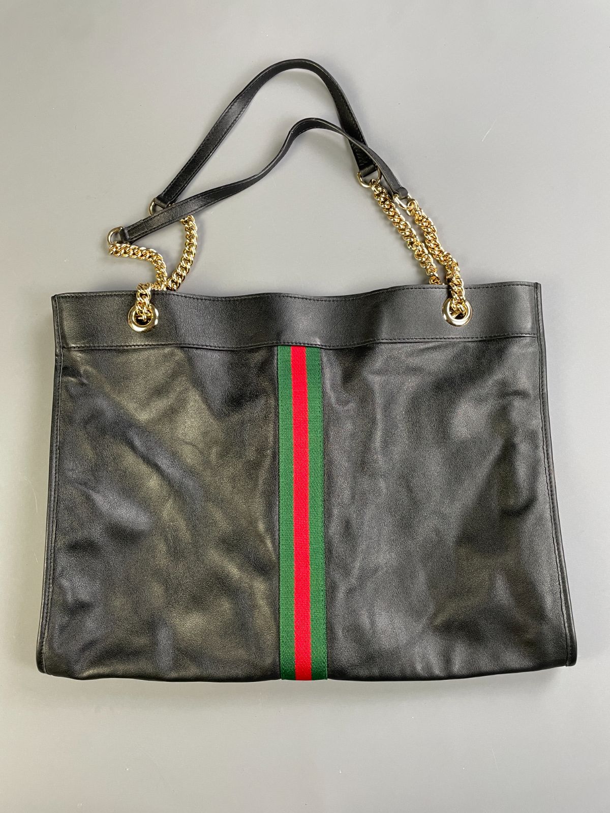 GUCCI GORGEOUS! GUCCI RAJAH SUPPLE LEATHER SHOPPER TOTE BAG DOUBLE CHAIN STRAP, HEAVY ENAMELED TIGER MOTIF in BLACK