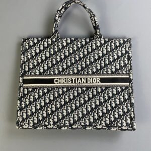 DIOR LARGE WOVEN DIOR MONOGRAM DOUBLE HANDLE SHOPPER TOTE in BLACK, WHITE