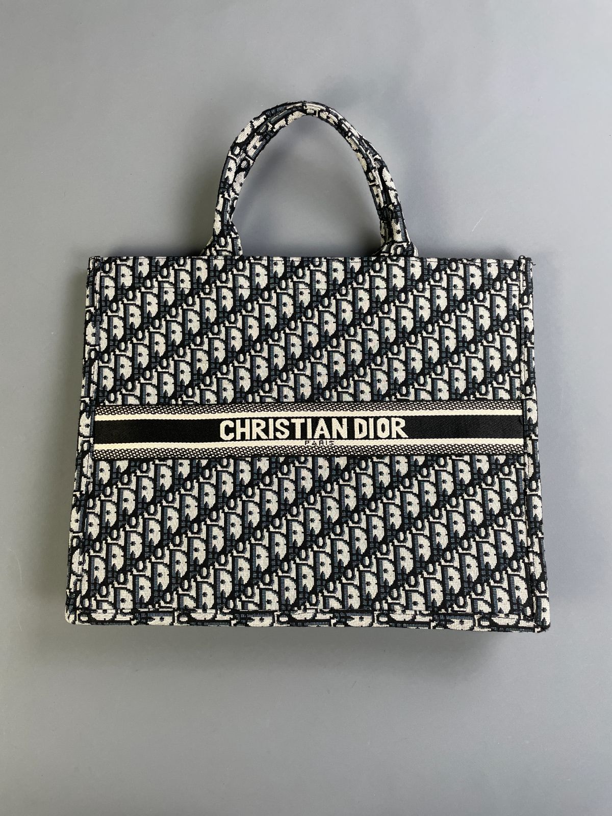 DIOR LARGE WOVEN DIOR MONOGRAM DOUBLE HANDLE SHOPPER TOTE in BLACK, WHITE
