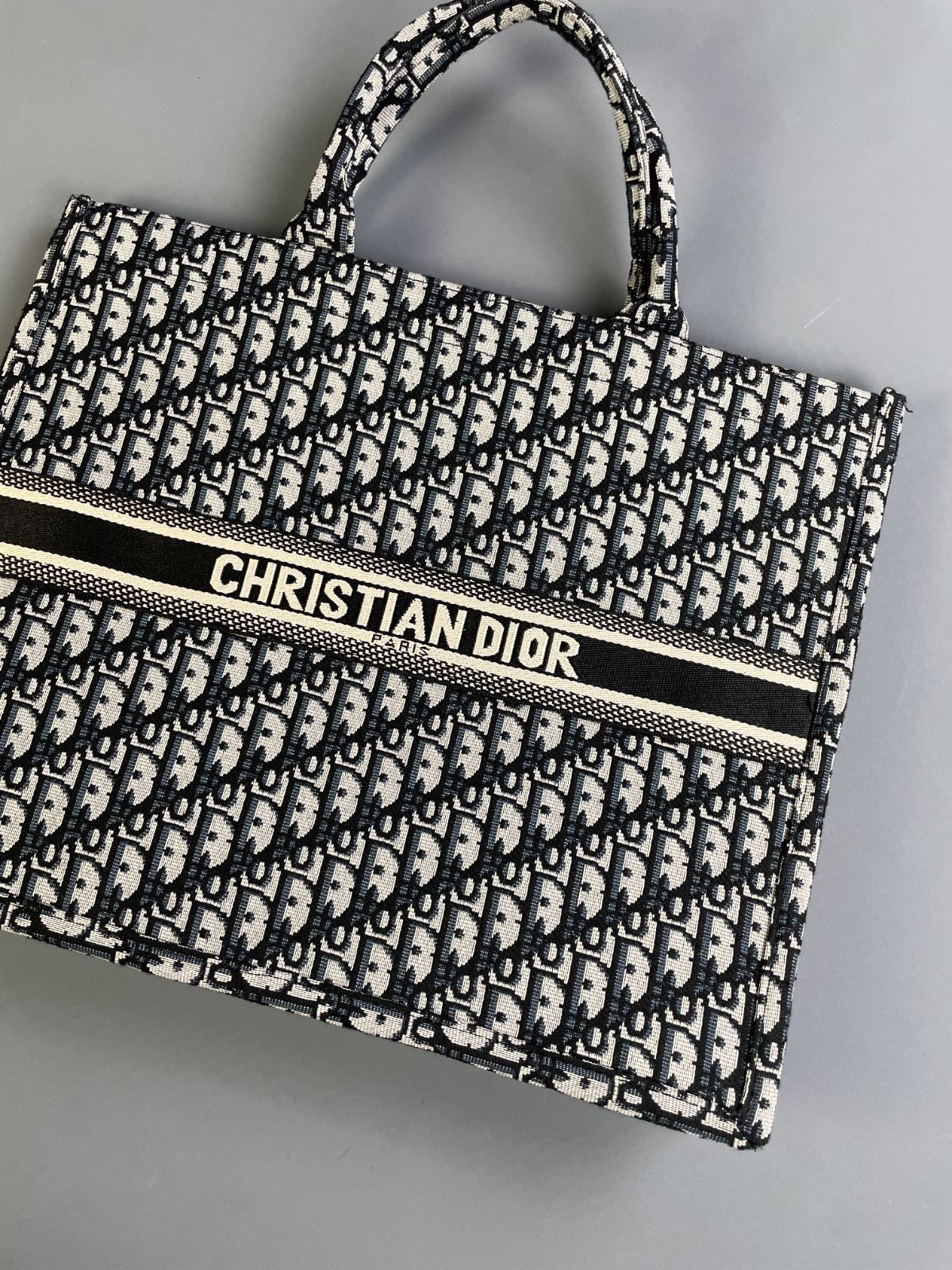 DIOR LARGE WOVEN DIOR MONOGRAM DOUBLE HANDLE SHOPPER TOTE in BLACK, WHITE