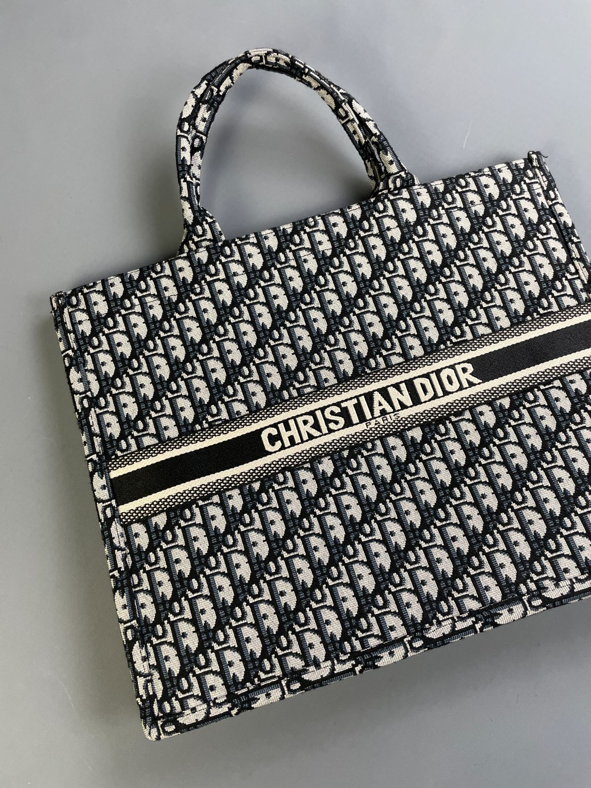 DIOR LARGE WOVEN DIOR MONOGRAM DOUBLE HANDLE SHOPPER TOTE in BLACK, WHITE