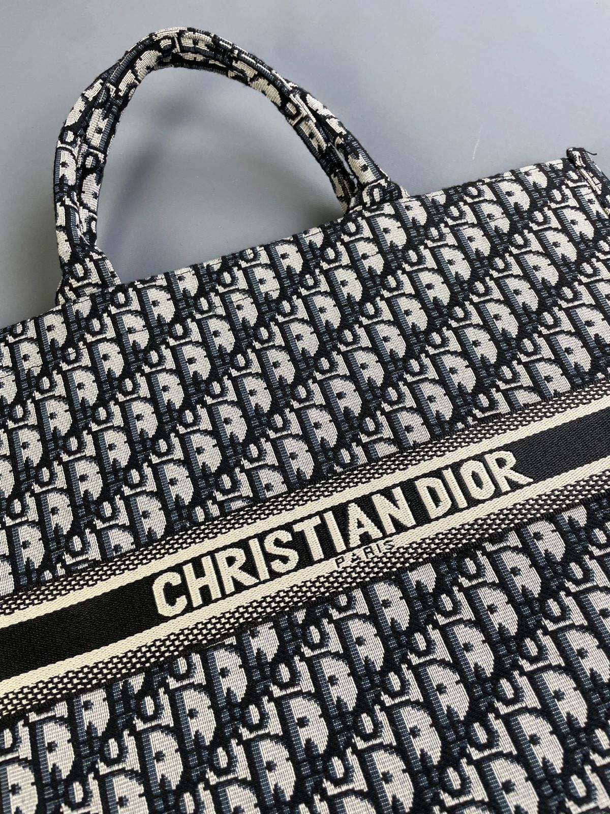 DIOR LARGE WOVEN DIOR MONOGRAM DOUBLE HANDLE SHOPPER TOTE in BLACK, WHITE