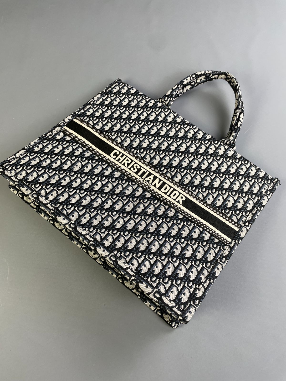 DIOR LARGE WOVEN DIOR MONOGRAM DOUBLE HANDLE SHOPPER TOTE in BLACK, WHITE