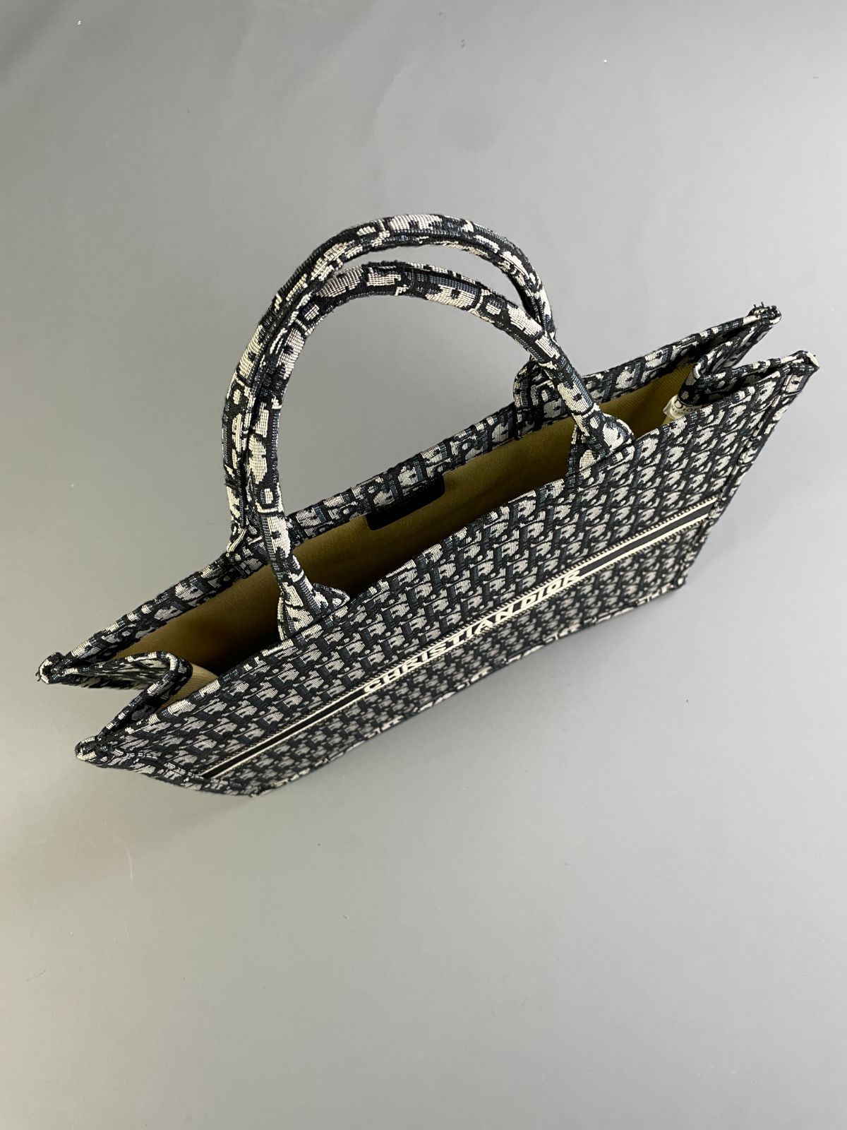 DIOR LARGE WOVEN DIOR MONOGRAM DOUBLE HANDLE SHOPPER TOTE in BLACK, WHITE