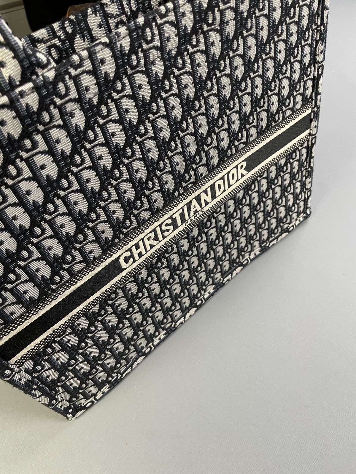 DIOR LARGE WOVEN DIOR MONOGRAM DOUBLE HANDLE SHOPPER TOTE in BLACK, WHITE