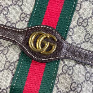GUCCI *AS-IS* GUCCI MONOGRAM PRINT FRONT STRIPE VINYL CROSSBODY BAG CHAIN STRAP in BROWN, WHITE, GREEN, RED