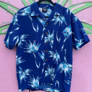 MAUI TRADING COMPANY 1990S DUOTONE TROPICAL PRINT HAWAIIAN SHIRT BOXY FIT in BLUE