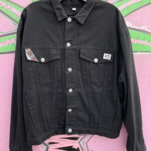 MC HROI NICE! 1990S BLACK TWILL DENIM JACKET, PLAID DETAILS, FUNKY BUTTONS in BLACK