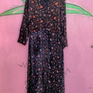 NOSTALGIA CUTE! 1990S CRUSHED VELVET FLORAL PRINT FULL BUTTON FRONT LONG SLEEVE MAXI DRESS in BLACK, PURPLE