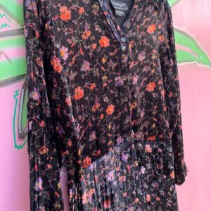 NOSTALGIA CUTE! 1990S CRUSHED VELVET FLORAL PRINT FULL BUTTON FRONT LONG SLEEVE MAXI DRESS in BLACK, PURPLE