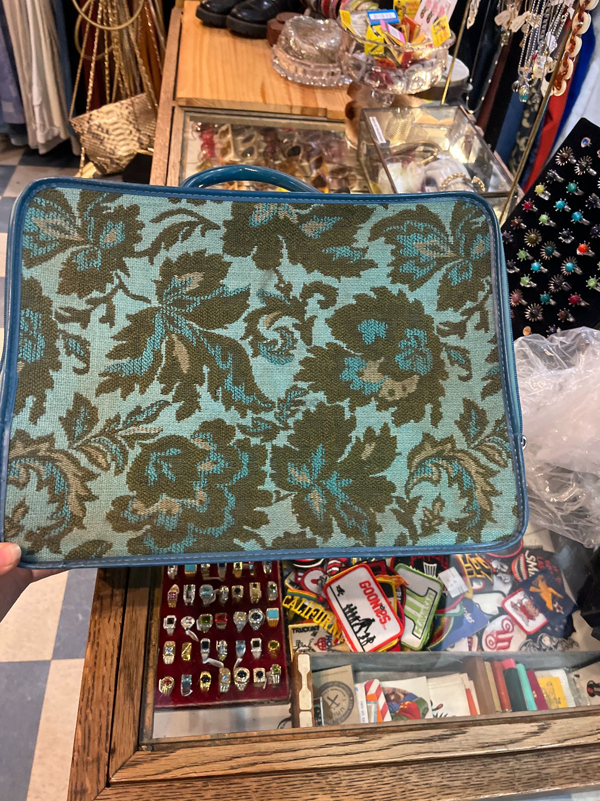 WOVEN FLORAL SUITCASE W/ BLUE PIPING