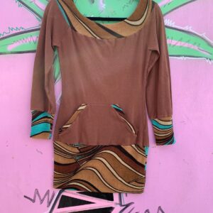 YANAH *AS-IS* Y2K! OFF SHOULDER KNIT SWIRL PATTERN TRIM LONG SLEEVE BODYCON DRESS in BROWN, TURQOISE