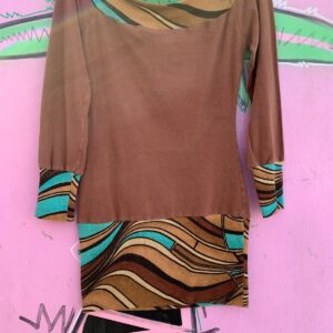 YANAH *AS-IS* Y2K! OFF SHOULDER KNIT SWIRL PATTERN TRIM LONG SLEEVE BODYCON DRESS in BROWN, TURQOISE