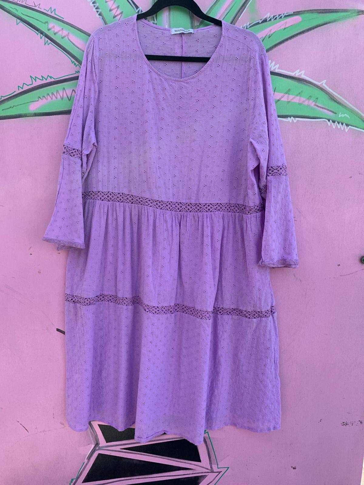 MISSLOOK CROCHET LACE TRIM EYELET OVERSIZED LONG SLEEVE DRESS in PURPLE