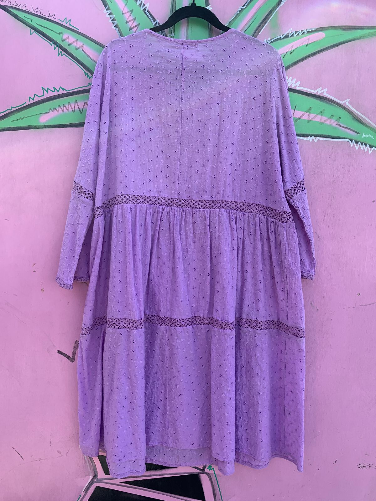 MISSLOOK CROCHET LACE TRIM EYELET OVERSIZED LONG SLEEVE DRESS in PURPLE