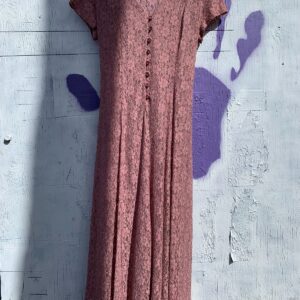 ALL THAT JAZZ 1990S SHEER LACE SHORT SLEEVE BUTTON FRONT MAXI DRESS, LACE UP BACK, FACETED BUTTONS in PINK