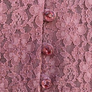 ALL THAT JAZZ 1990S SHEER LACE SHORT SLEEVE BUTTON FRONT MAXI DRESS, LACE UP BACK, FACETED BUTTONS in PINK