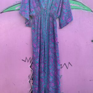 MOKSHA IBIZA BEAUTIFUL VINTAGE STYLE PRINT CINCHED KAFTAN STYLE DRESS in PURPLE, BLUE