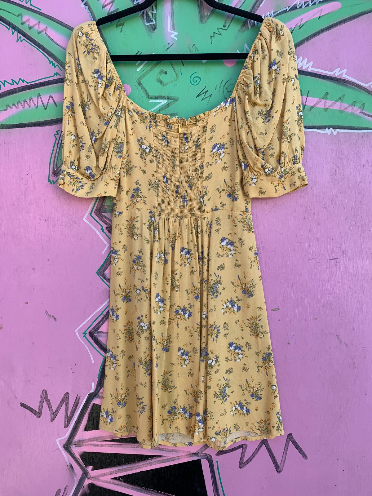 REFORMATION CUTE! LITTLE DITSY FLORAL PRINT PUFF SLEEVE MINI DRESS in YELLOW