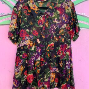 CHOTCHKE 1990S SHEER FLORAL PRINT SHORT BABYDOLL DRESS in BLACK, PINK, GREEN
