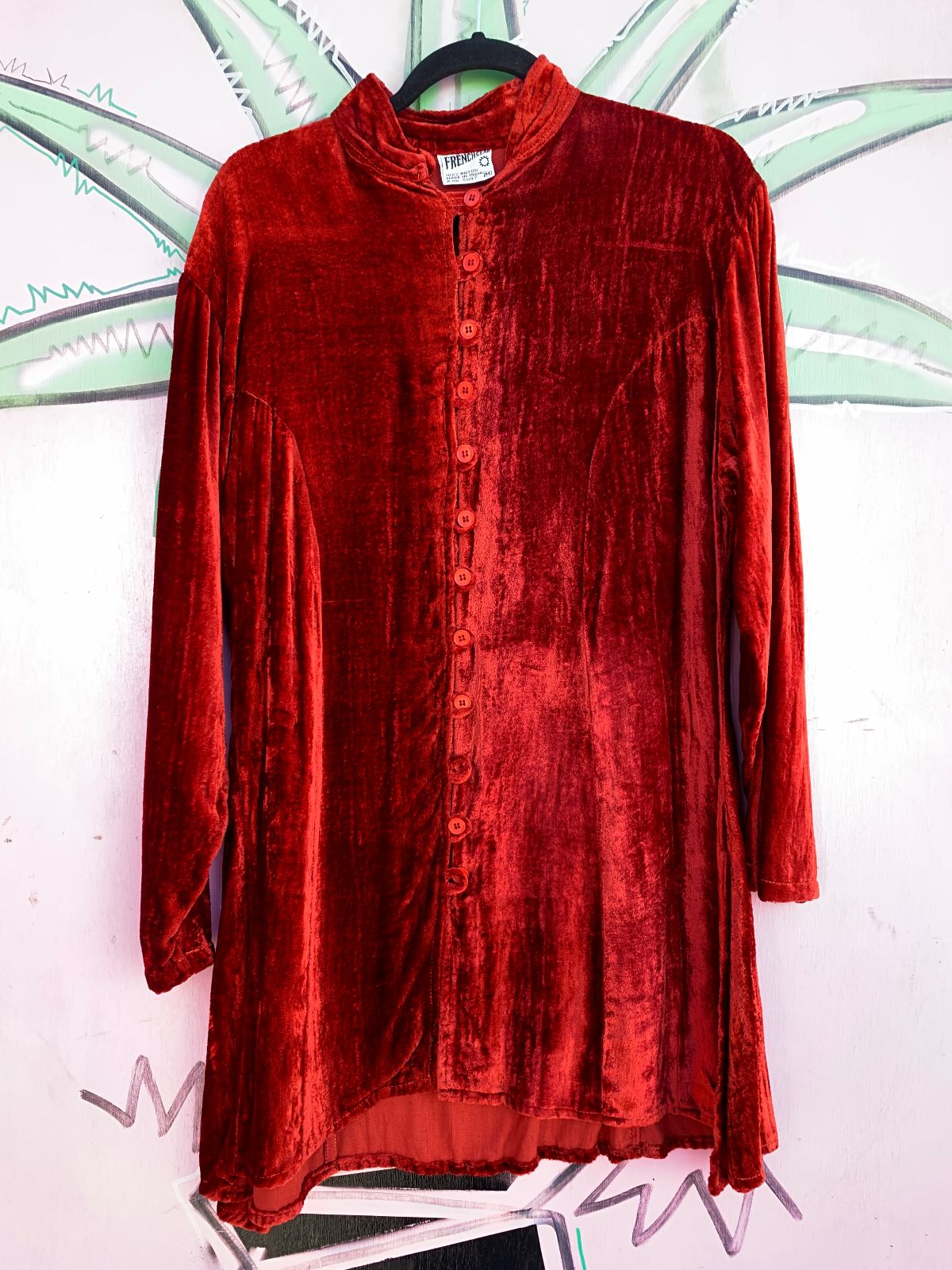 FRENCH GEAR COOL! 1990S RICH CRUSHED VELVET LONG SLEEVE BUTTON DOWN MOCK COLLAR SHIRT in RED