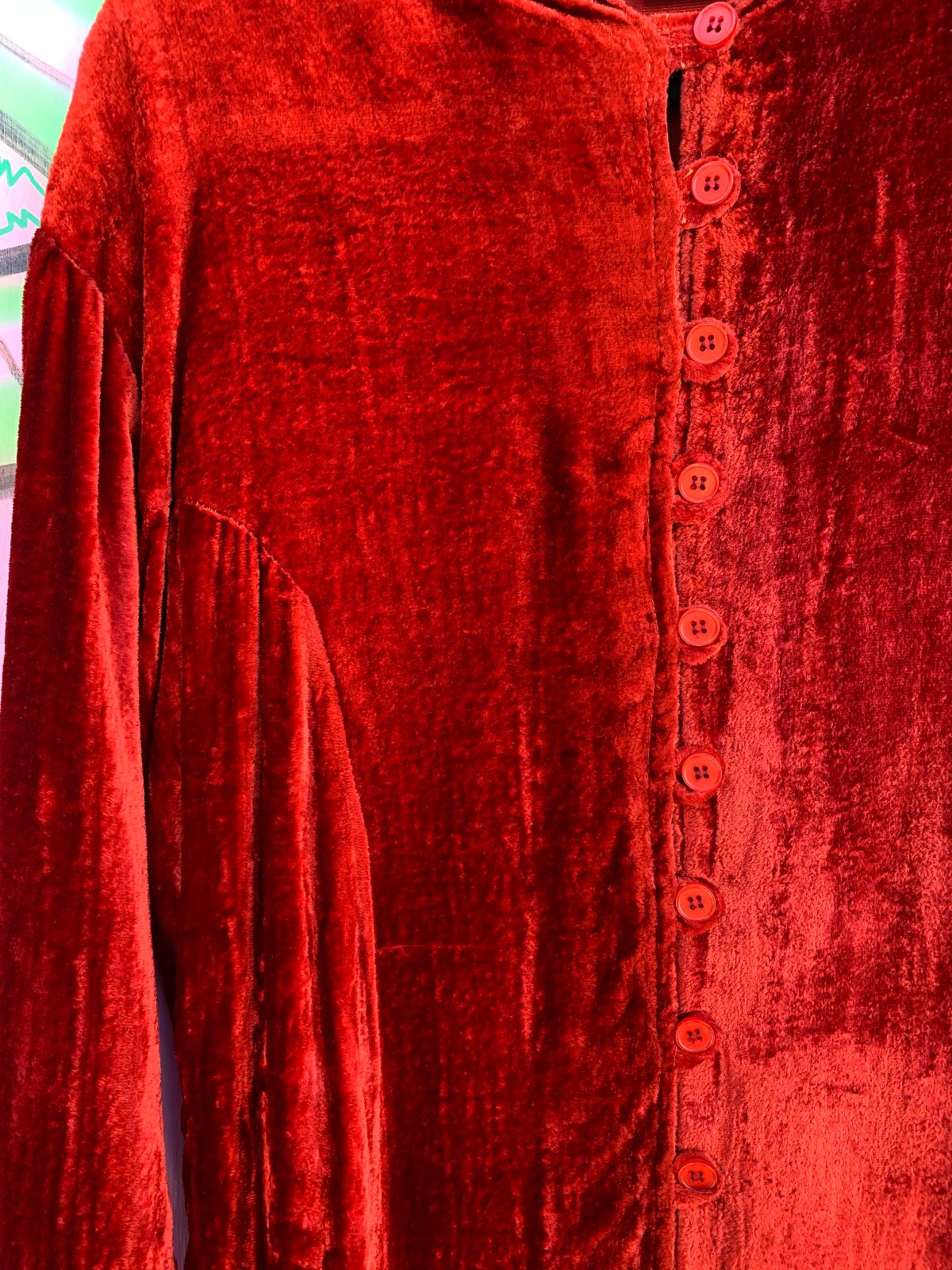 FRENCH GEAR COOL! 1990S RICH CRUSHED VELVET LONG SLEEVE BUTTON DOWN MOCK COLLAR SHIRT in RED