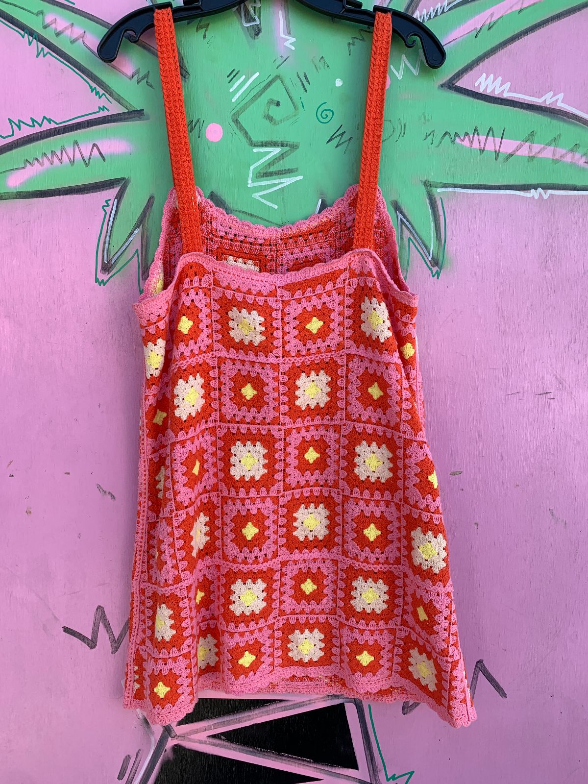 ADORABLE! BRIGHT! FUNKY CROCHET PATCHWORK MINI DRES in PINK, ORANGE