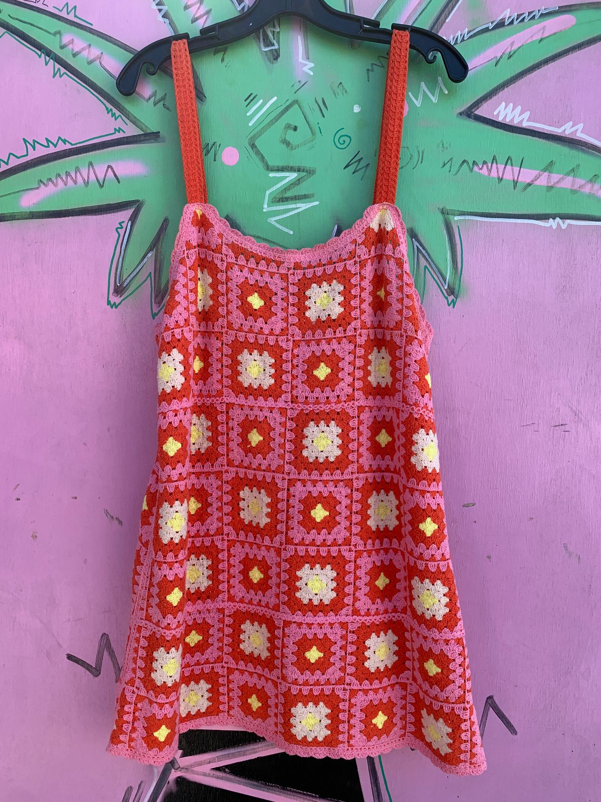 ADORABLE! BRIGHT! FUNKY CROCHET PATCHWORK MINI DRES in PINK, ORANGE